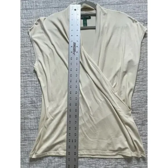 Ralph Lauren Women L Cream Sleeveless Draped Stretch Blouse Quiet Luxury Top EUC - Picture 5 of 5